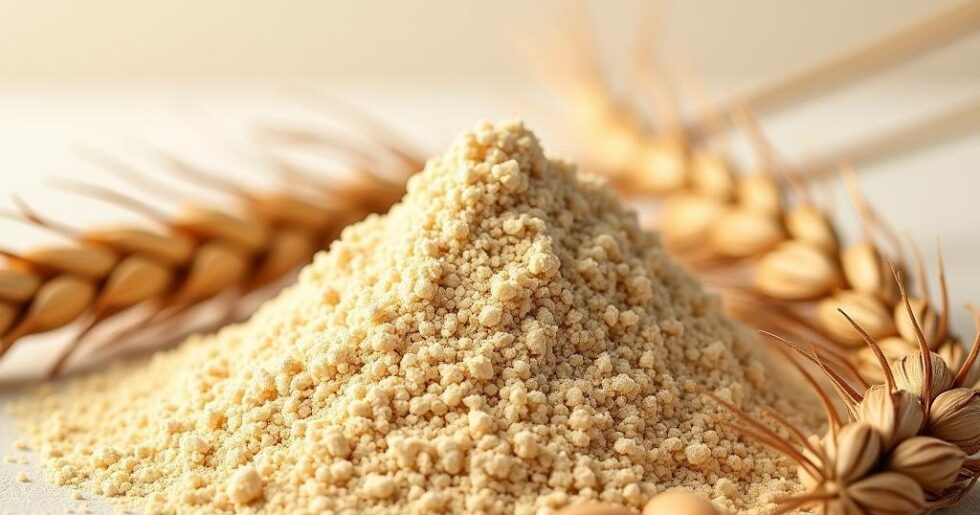 A mound of finely ground wheat meal with wheat stalks and soybeans in the background.