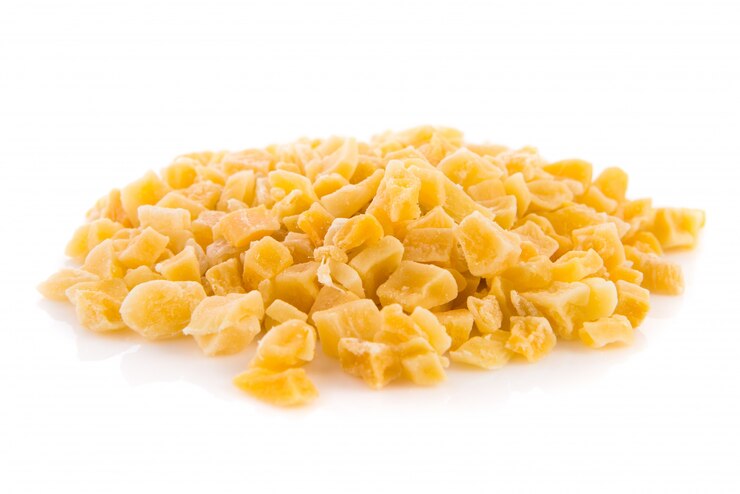 Close-up of crushed yellow corn with various kernel sizes and a vibrant yellow color.