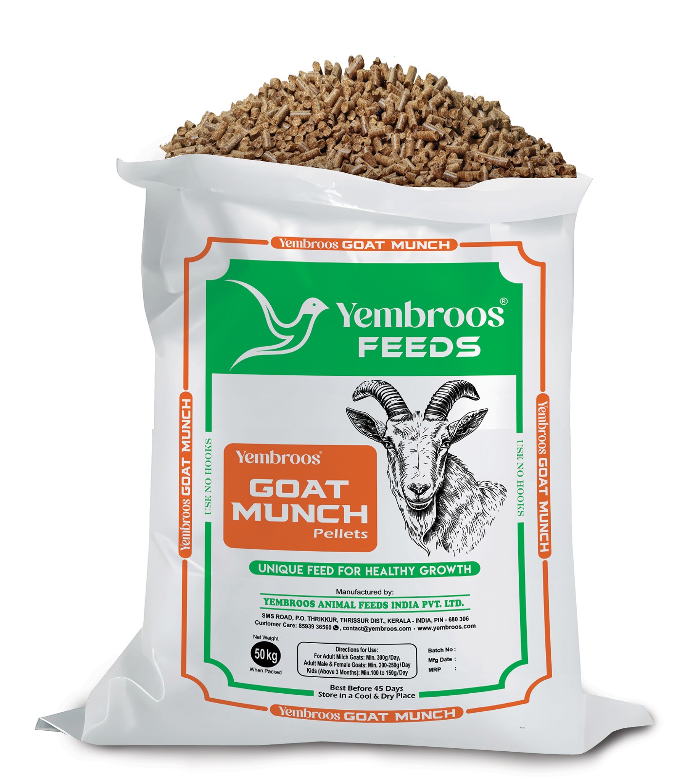Image of a bag of Yembroos Goat Munch Pellets, unique feed for healthy growth, featuring branding details, nutritional information, and a sketch of a goat, with an orange and green design theme.
