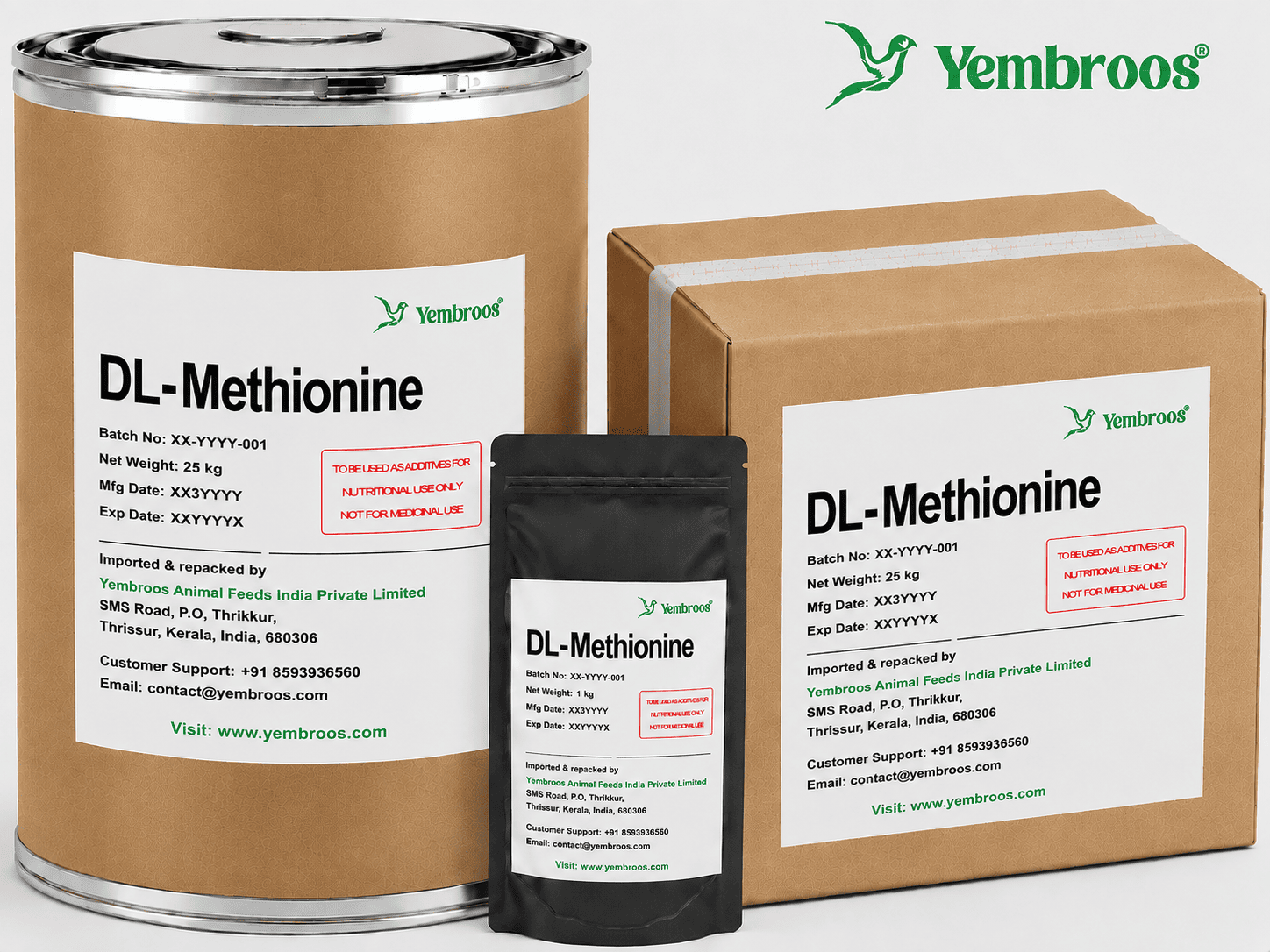 DL-Methionine Manufacturer Supplier Exporter and Importer in India | Yembroos Animal Feeds India Pvt Ltd