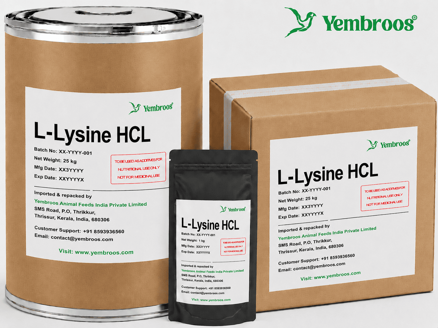 L-Lysine HCL Manufacturer Supplier Exporter and Importer in India | Yembroos Animal Feeds India Pvt Ltd