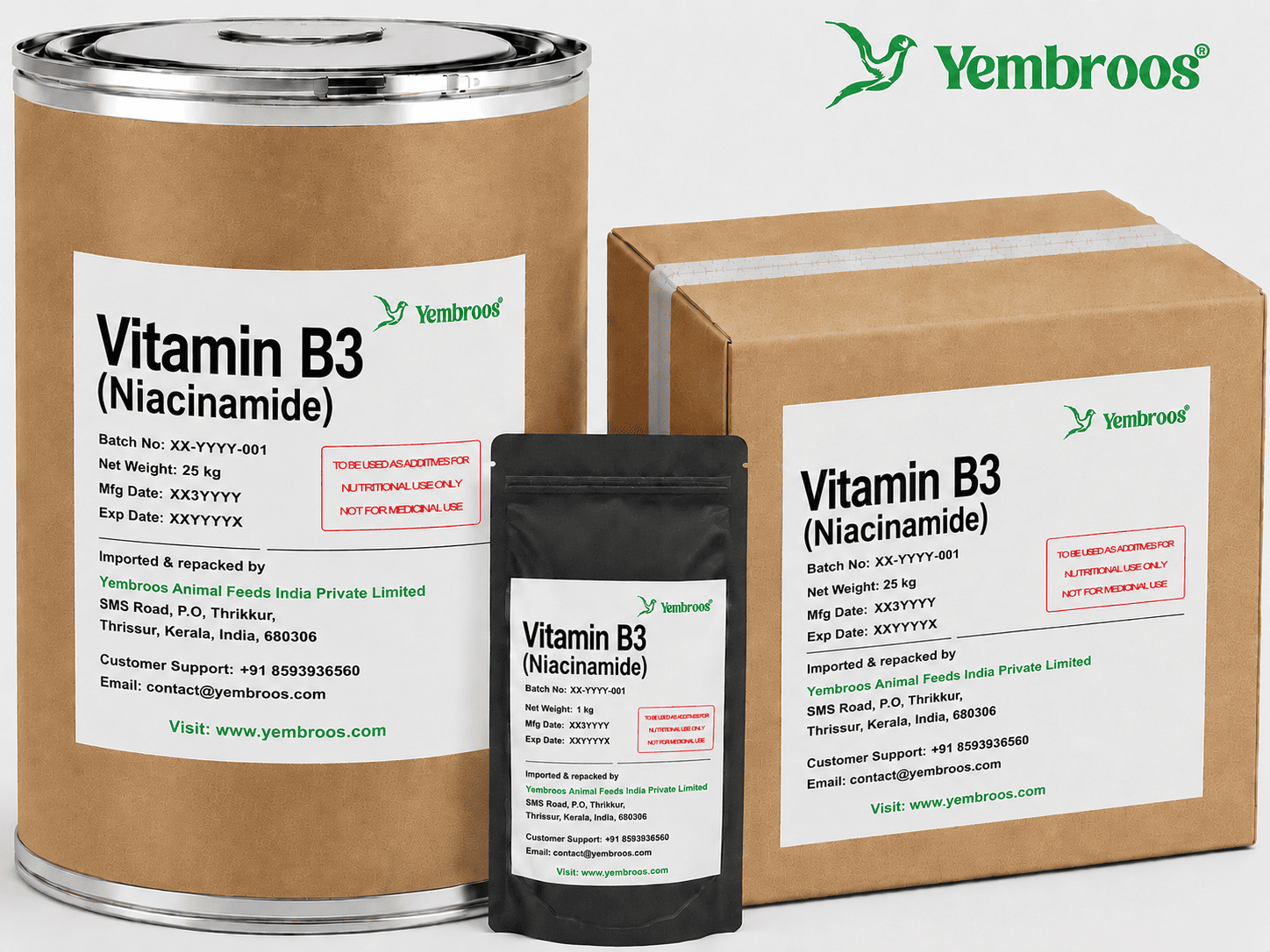 Vitamin B3 Niacinamide Manufacturer Supplier Exporter and Importer in India | Yembroos Animal Feeds India Pvt Ltd