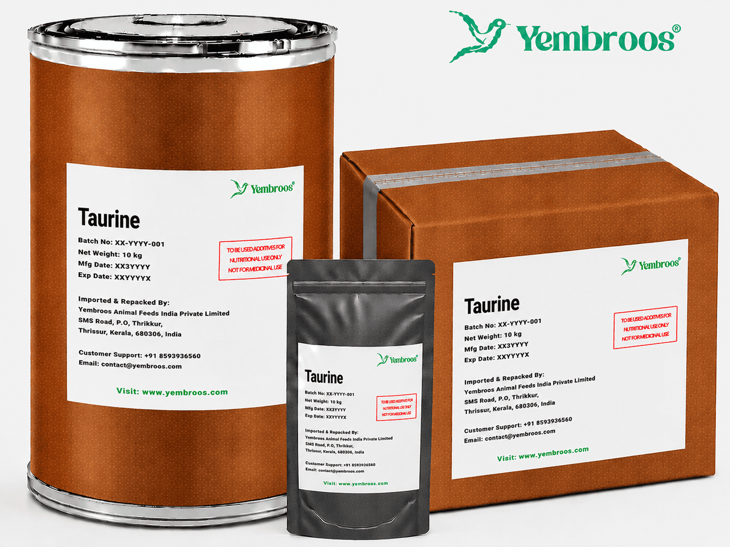 Taurine Powder Manufacturer Supplier Exporter and Importer in India | Yembroos Animal Feeds India Pvt Ltd