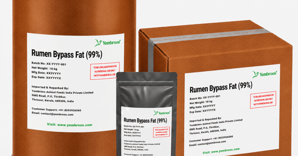 Rumen Bypass Fat 99% manufacturer, exporter, importer and supplier in India by Yembroos Animal Feeds India Private Limited for dairy cattle nutrition and animal feed applications