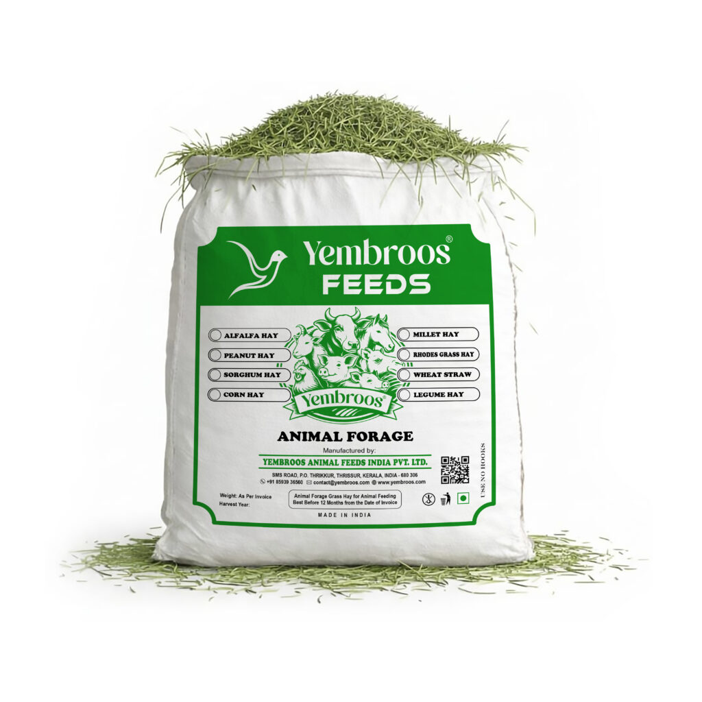Yembroos Feeds animal forage grass hay bag containing alfalfa hay, peanut hay, sorghum hay, millet hay, Rhodes grass hay, wheat straw and legume hay for livestock feeding