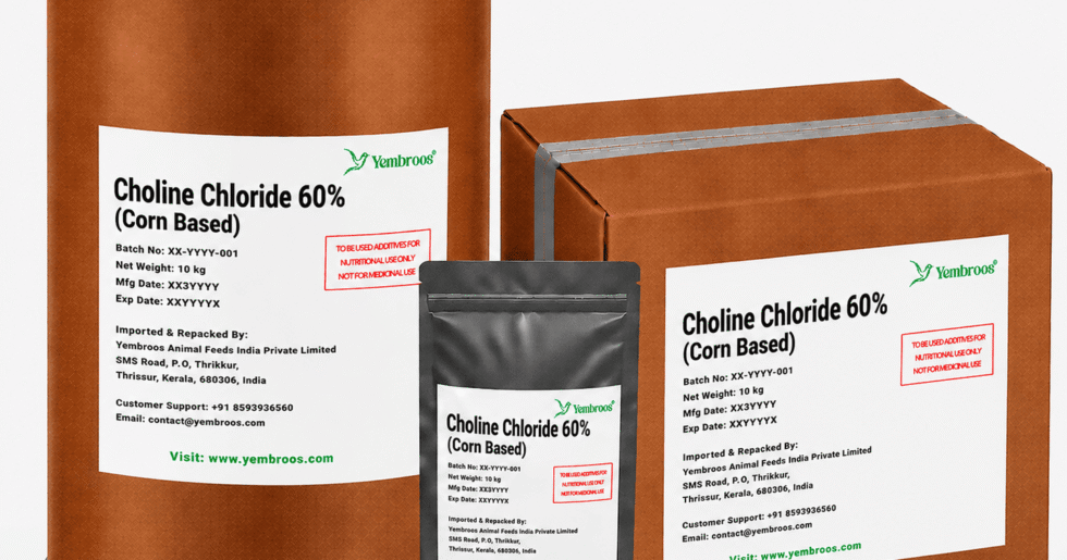 Choline Chloride 60% Corn Based manufacturer, exporter, importer and supplier in India by Yembroos Animal Feeds India Private Limited for feed, food, technical, pharmaceutical and nutraceutical applications