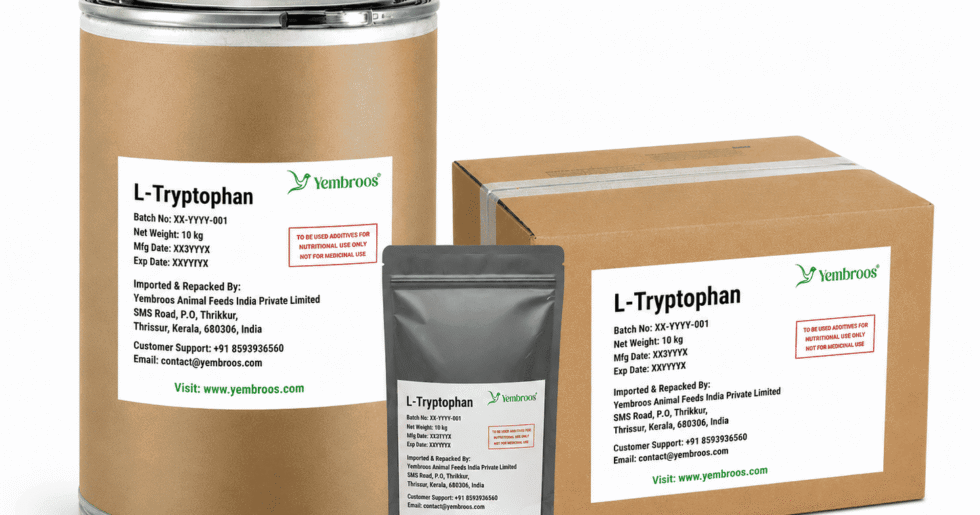 L-Tryptophan powder manufacturer, exporter, importer and supplier in India by Yembroos Animal Feeds India Private Limited for feed, food, technical, pharmaceutical and nutraceutical applications