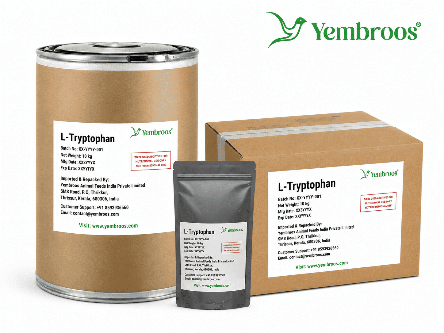L-Tryptophan powder manufacturer, exporter, importer and supplier in India by Yembroos Animal Feeds India Private Limited for feed, food, technical, pharmaceutical and nutraceutical applications