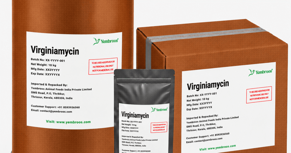 Virginiamycin manufacturer, exporter, importer and supplier in India by Yembroos Animal Feeds India Private Limited for veterinary, feed, pharmaceutical and technical applications