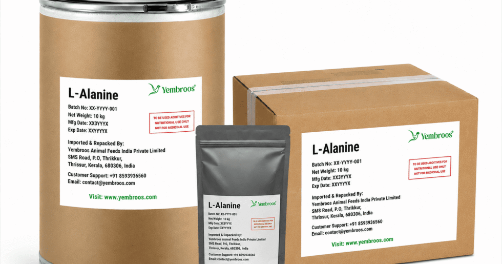 L-Alanine amino acid powder manufacturer, exporter, importer and supplier in India by Yembroos Animal Feeds India Private Limited for feed, food, technical, pharmaceutical and nutraceutical applications