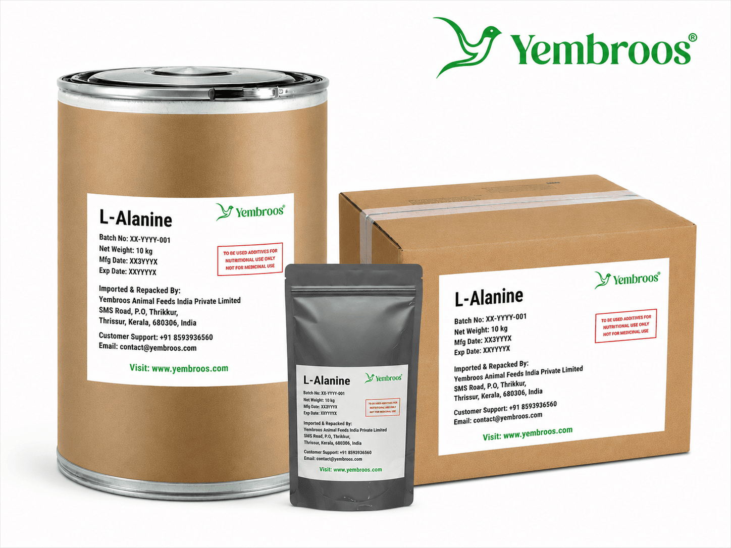 L-Alanine amino acid powder manufacturer, exporter, importer and supplier in India by Yembroos Animal Feeds India Private Limited for feed, food, technical, pharmaceutical and nutraceutical applications