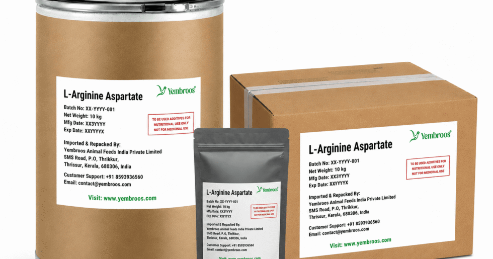 L-Arginine Aspartate powder manufacturer, exporter, importer and supplier in India by Yembroos Animal Feeds India Private Limited for feed, food, technical, pharmaceutical and nutraceutical applications