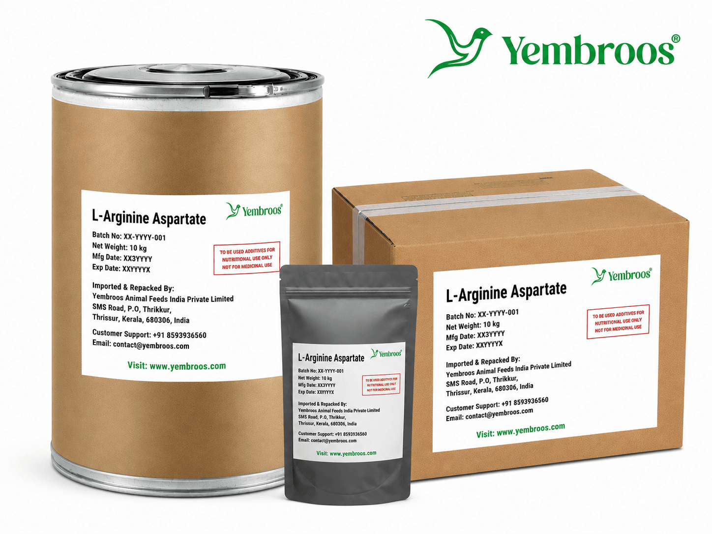 L-Arginine Aspartate powder manufacturer, exporter, importer and supplier in India by Yembroos Animal Feeds India Private Limited for feed, food, technical, pharmaceutical and nutraceutical applications