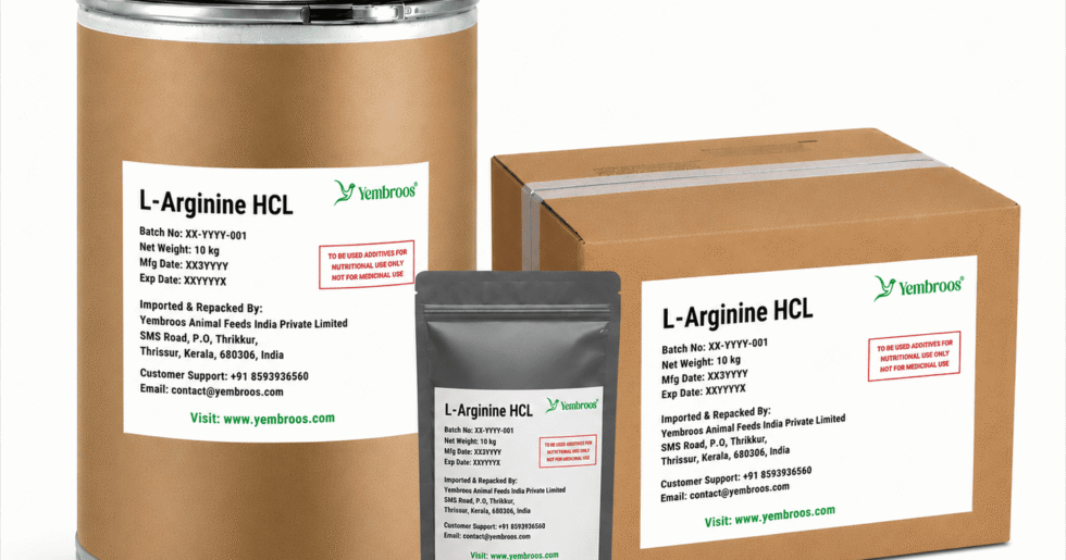 L-Arginine HCl powder manufacturer, exporter, importer and supplier in India by Yembroos Animal Feeds India Private Limited for feed, food, technical, pharmaceutical and nutraceutical applications