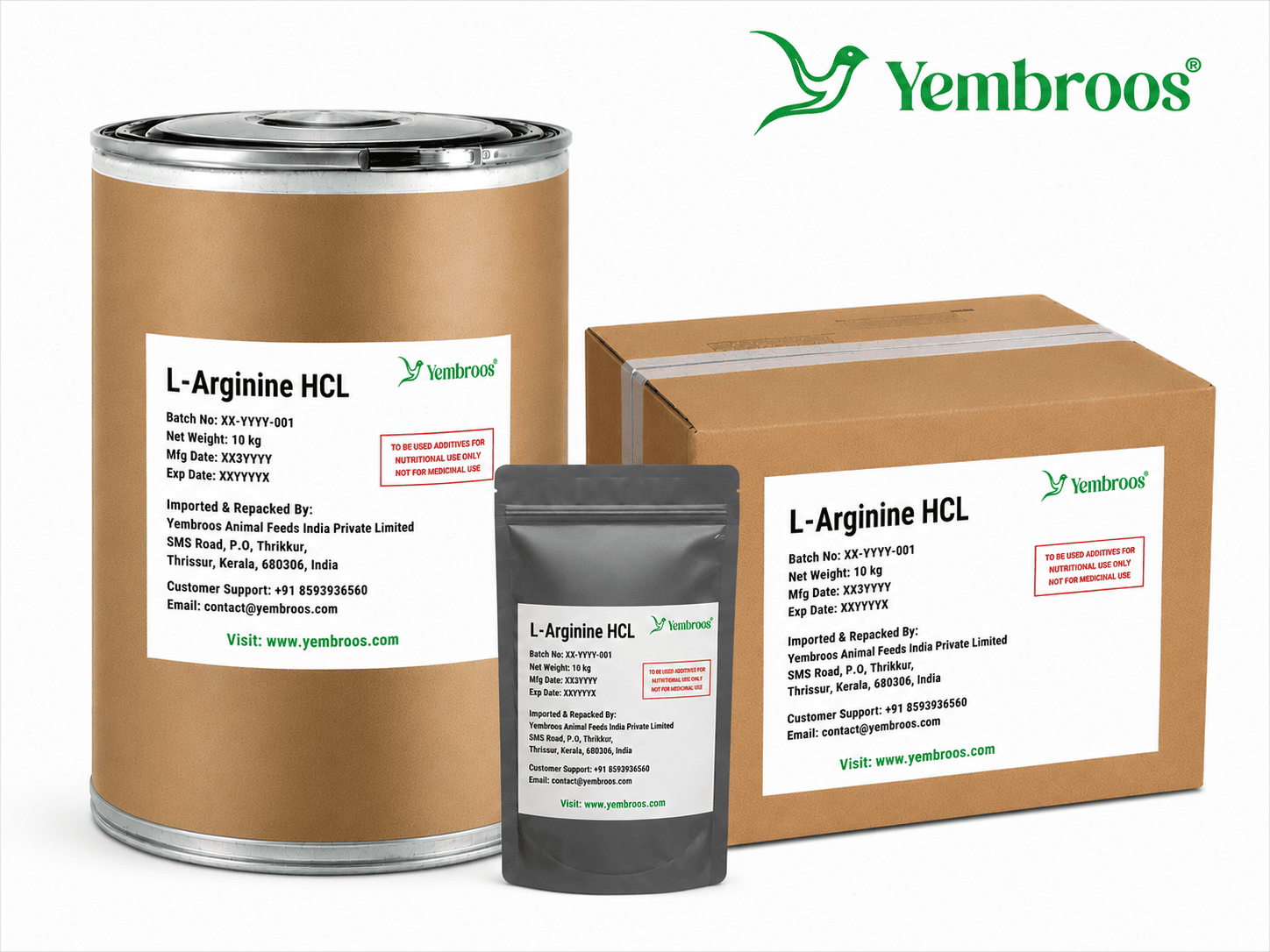 L-Arginine HCl powder manufacturer, exporter, importer and supplier in India by Yembroos Animal Feeds India Private Limited for feed, food, technical, pharmaceutical and nutraceutical applications