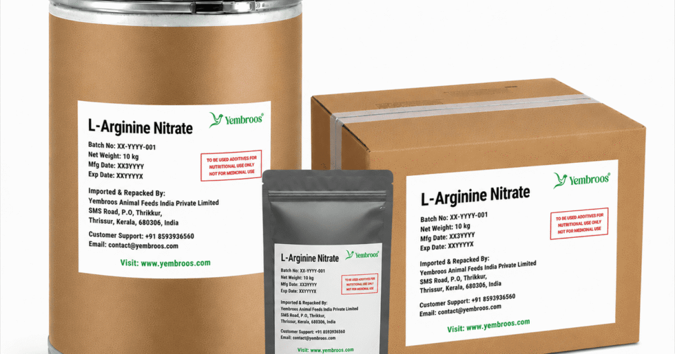 L-Arginine Nitrate powder manufacturer, exporter, importer and supplier in India by Yembroos Animal Feeds India Private Limited for feed, food, technical, pharmaceutical and nutraceutical applications