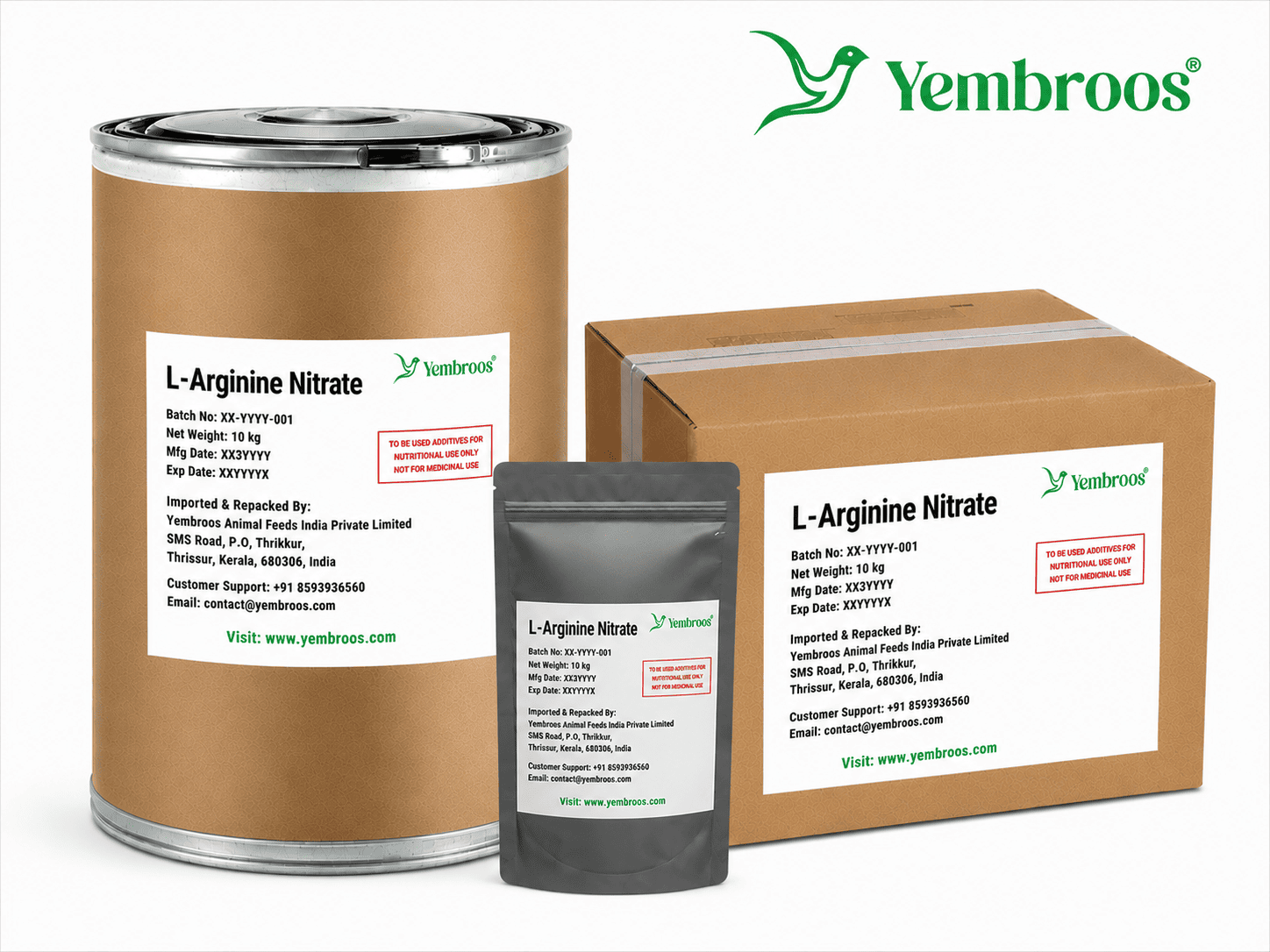 L-Arginine Nitrate powder manufacturer, exporter, importer and supplier in India by Yembroos Animal Feeds India Private Limited for feed, food, technical, pharmaceutical and nutraceutical applications