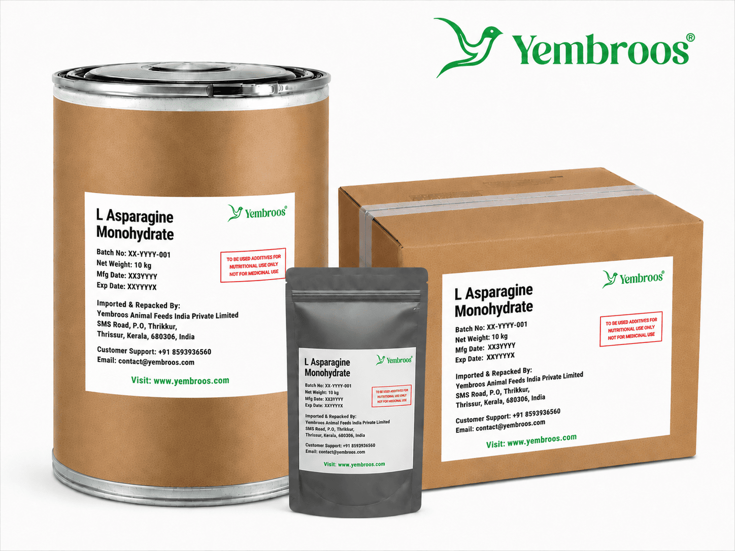 L-Asparagine Monohydrate powder manufacturer, exporter, importer and supplier in India by Yembroos Animal Feeds India Private Limited for feed, food, technical, pharmaceutical and nutraceutical applications