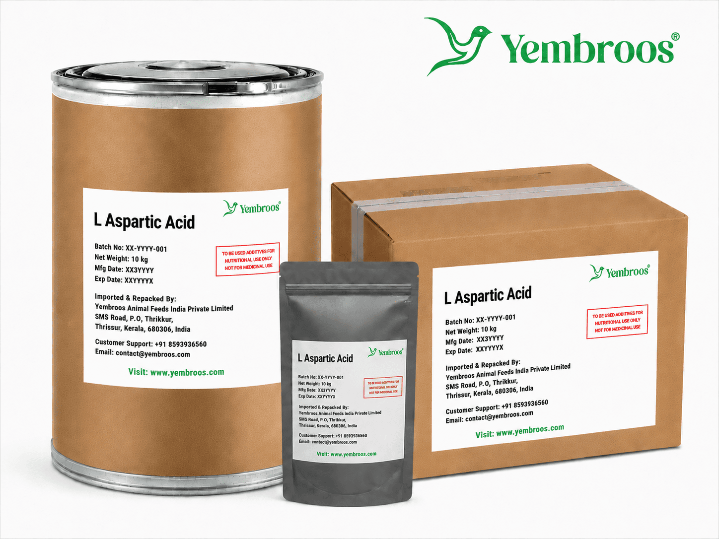L-Aspartic Acid powder manufacturer, exporter, importer and supplier in India by Yembroos Animal Feeds India Private Limited for feed, food, technical, pharmaceutical and nutraceutical applications