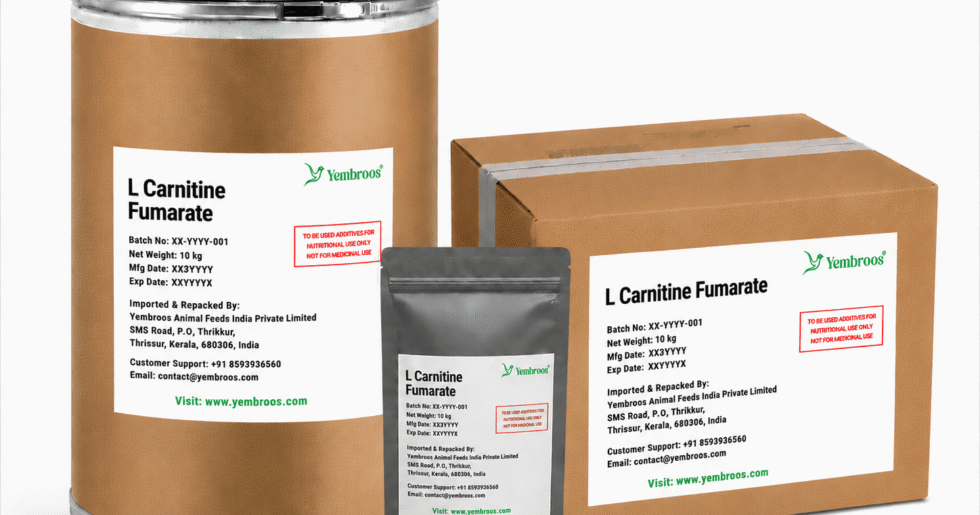 L-Carnitine Fumarate powder manufacturer, exporter, importer and supplier in India by Yembroos Animal Feeds India Private Limited for feed, food, technical, pharmaceutical and nutraceutical applications