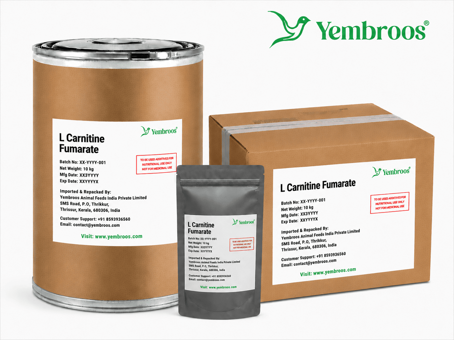 L-Carnitine Fumarate powder manufacturer, exporter, importer and supplier in India by Yembroos Animal Feeds India Private Limited for feed, food, technical, pharmaceutical and nutraceutical applications