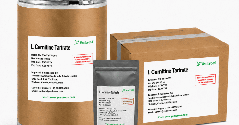 L-Carnitine Tartrate powder manufacturer, exporter, importer and supplier in India by Yembroos Animal Feeds India Private Limited for feed, food, technical, pharmaceutical and nutraceutical applications
