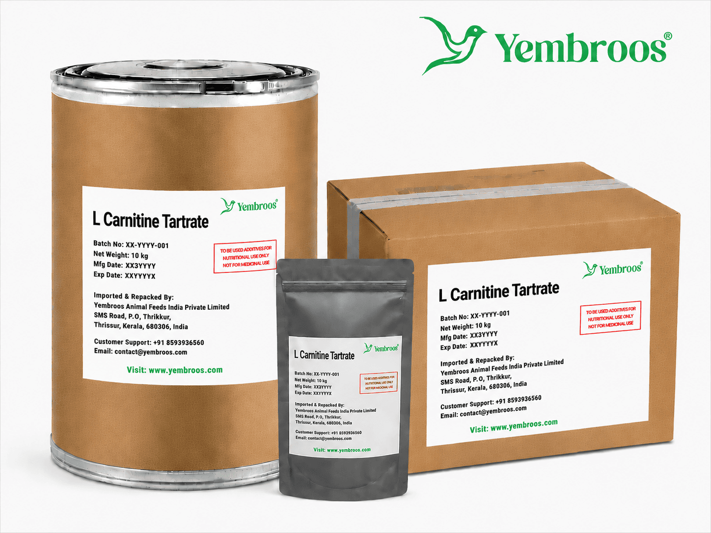 L-Carnitine Tartrate powder manufacturer, exporter, importer and supplier in India by Yembroos Animal Feeds India Private Limited for feed, food, technical, pharmaceutical and nutraceutical applications