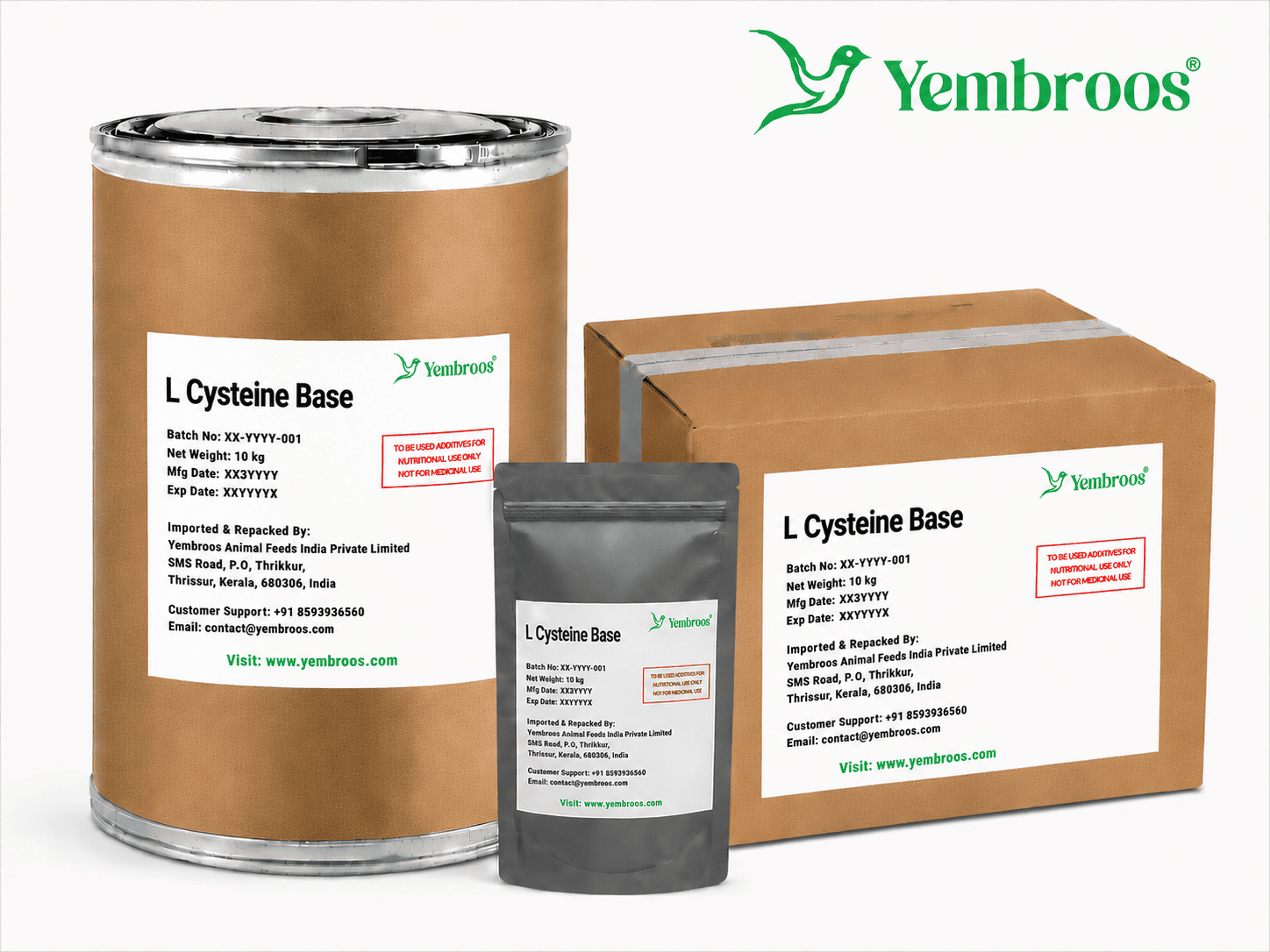 L-Cysteine Base powder manufacturer, exporter, importer and supplier in India by Yembroos Animal Feeds India Private Limited for feed, food, technical, pharmaceutical and nutraceutical applications