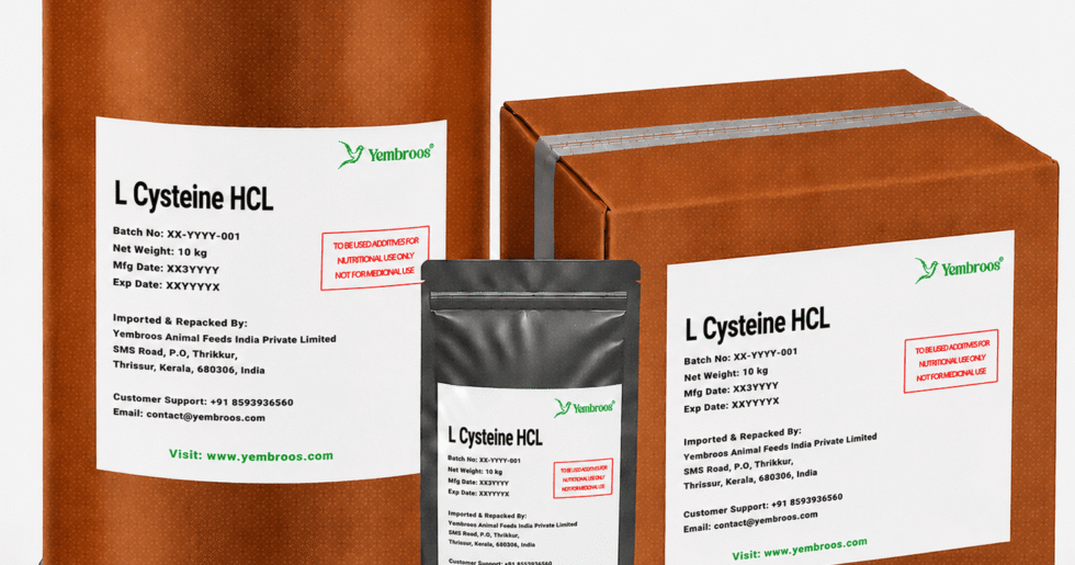L-Cysteine HCl powder manufacturer, exporter, importer and supplier in India by Yembroos Animal Feeds India Private Limited for feed, food, technical, pharmaceutical and nutraceutical applications