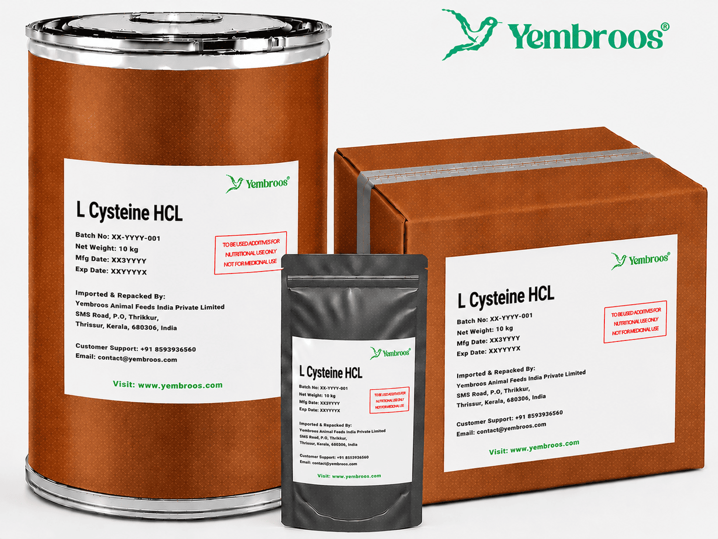 L-Cysteine HCl powder manufacturer, exporter, importer and supplier in India by Yembroos Animal Feeds India Private Limited for feed, food, technical, pharmaceutical and nutraceutical applications