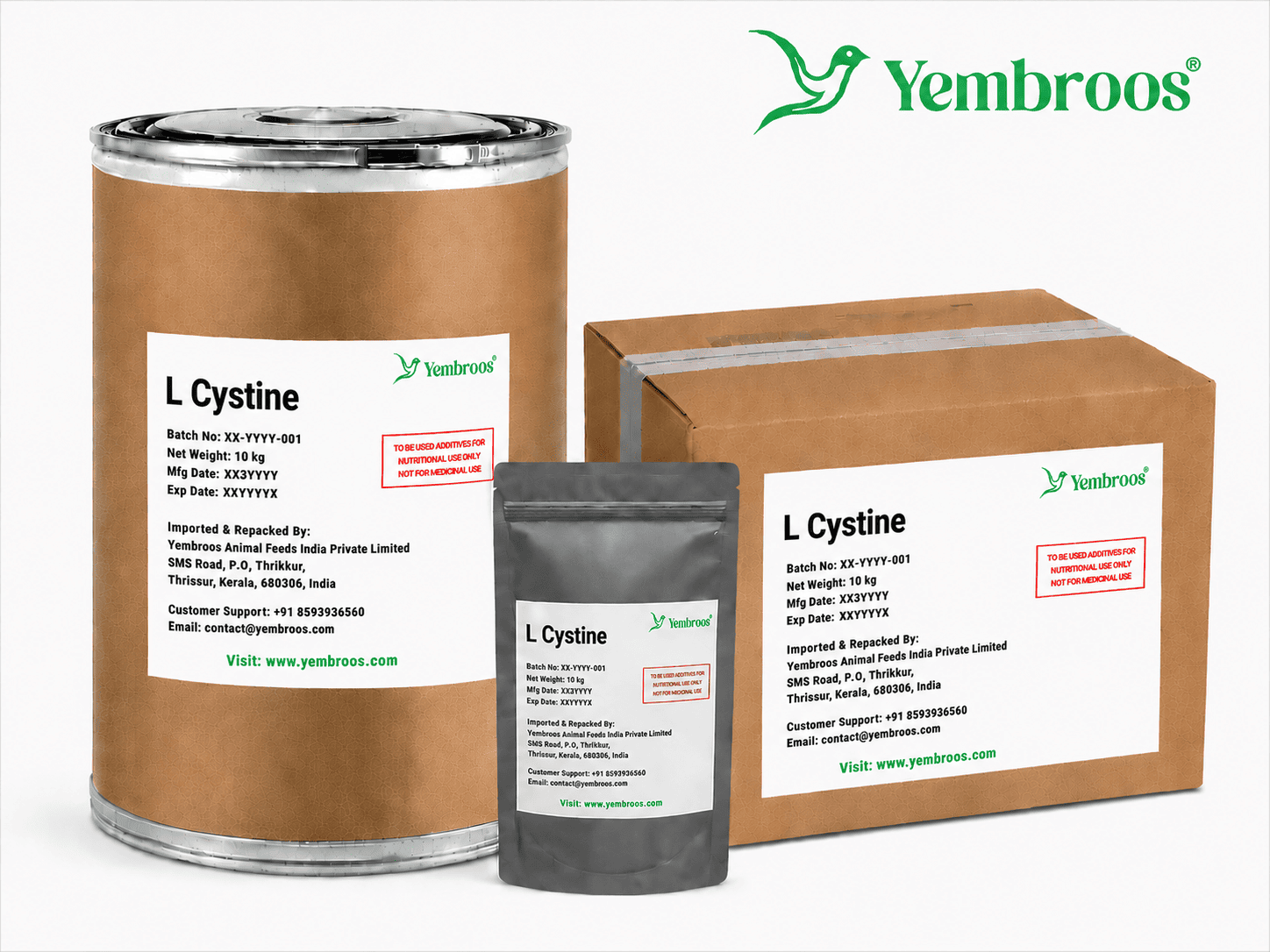 L-Cystine powder manufacturer, exporter, importer and supplier in India by Yembroos Animal Feeds India Private Limited for feed, food, technical, pharmaceutical and nutraceutical applications