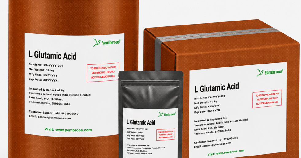 L-Glutamic Acid powder manufacturer, exporter, importer and supplier in India by Yembroos Animal Feeds India Private Limited for feed, food, technical, pharmaceutical and nutraceutical applications