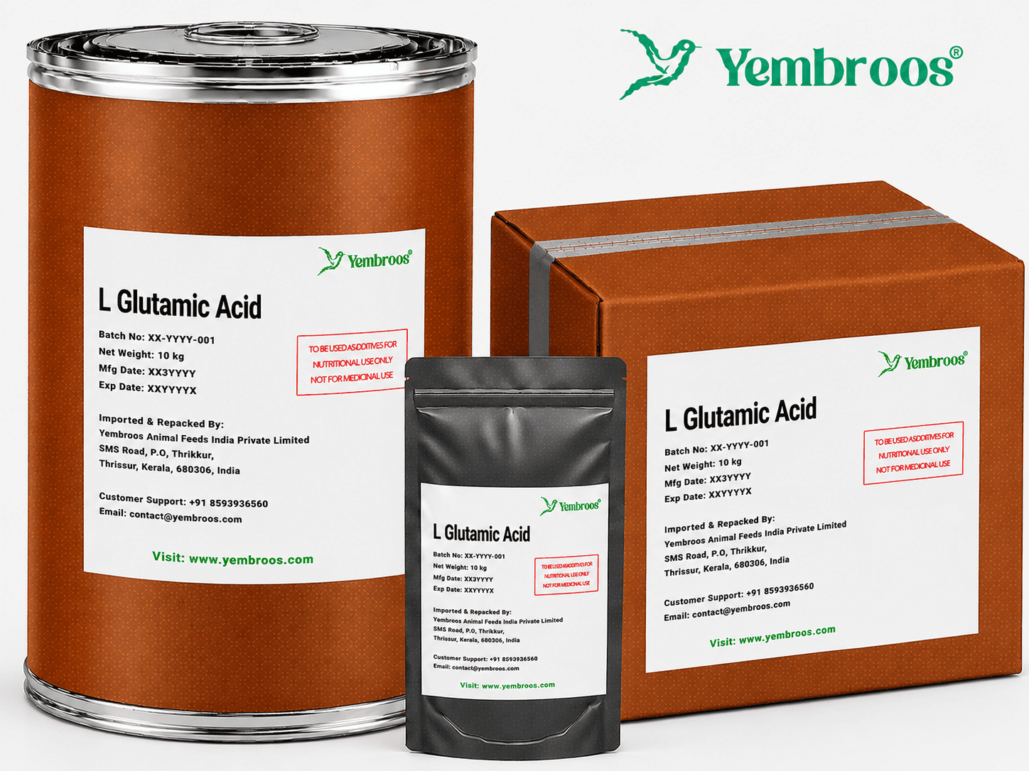 L-Glutamic Acid powder manufacturer, exporter, importer and supplier in India by Yembroos Animal Feeds India Private Limited for feed, food, technical, pharmaceutical and nutraceutical applications
