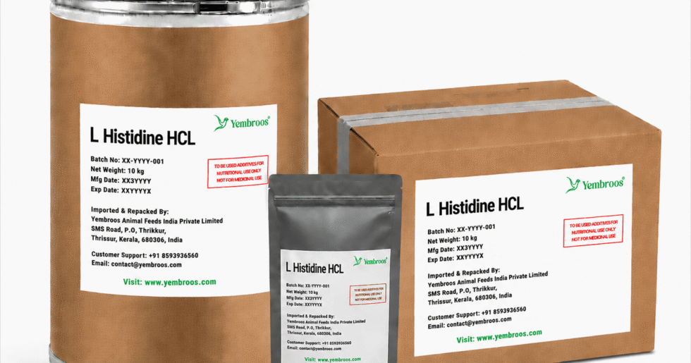 L-Histidine HCl powder manufacturer, exporter, importer and supplier in India by Yembroos Animal Feeds India Private Limited for feed, food, technical, pharmaceutical and nutraceutical applications