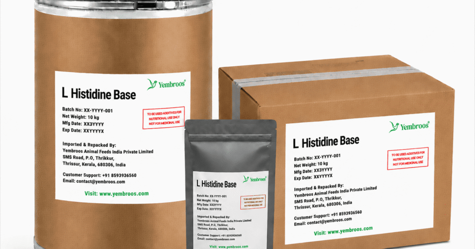 L-Histidine Base powder manufacturer, exporter, importer and supplier in India by Yembroos Animal Feeds India Private Limited for feed, food, technical, pharmaceutical and nutraceutical applications
