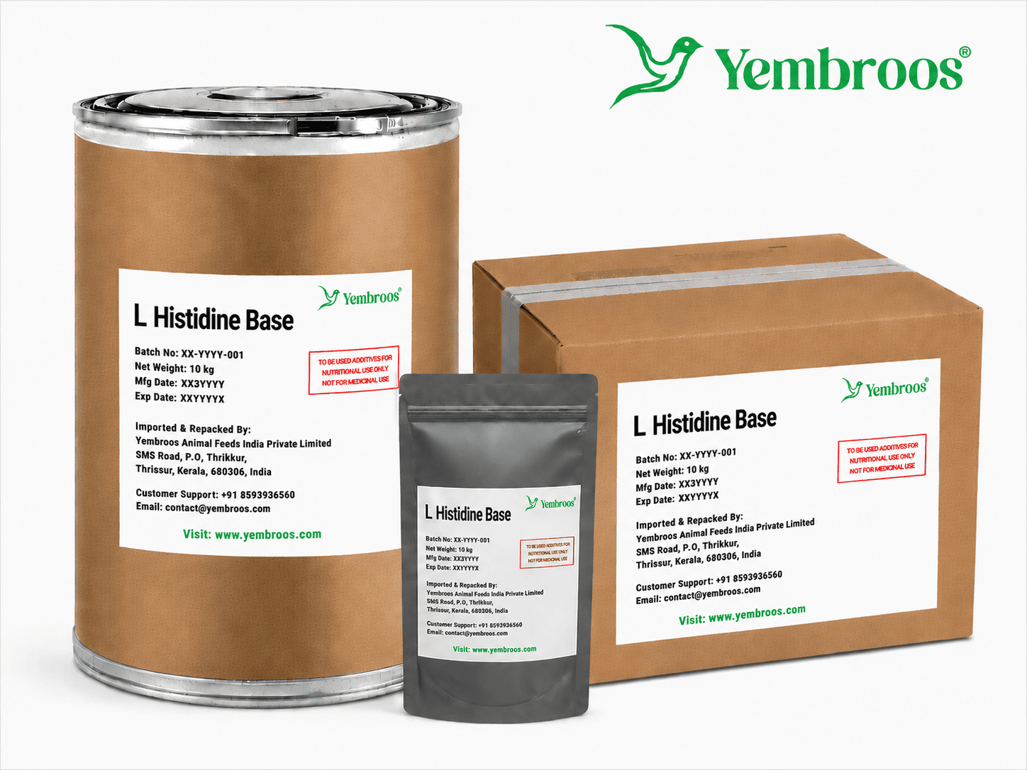 L-Histidine Base powder manufacturer, exporter, importer and supplier in India by Yembroos Animal Feeds India Private Limited for feed, food, technical, pharmaceutical and nutraceutical applications