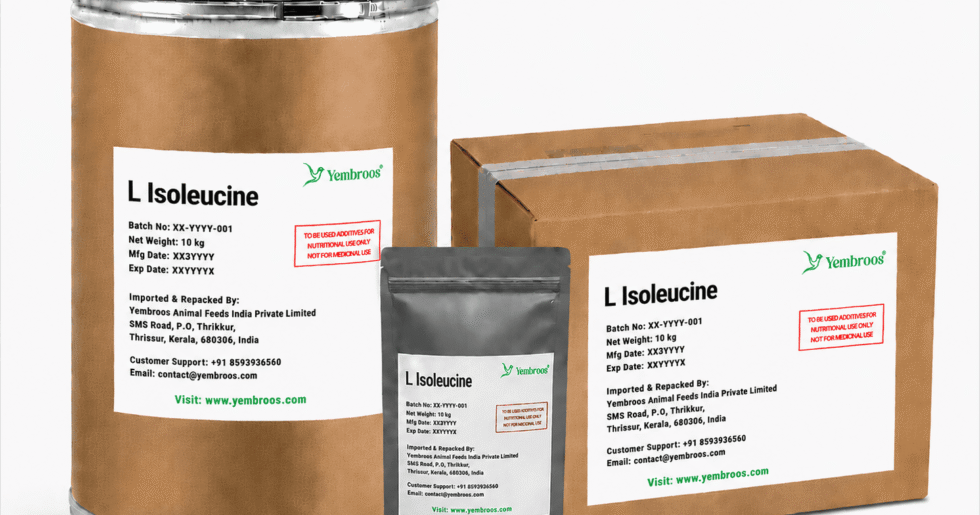 L-Isoleucine powder manufacturer, exporter, importer and supplier in India by Yembroos Animal Feeds India Private Limited for feed, food, technical, pharmaceutical and nutraceutical applications
