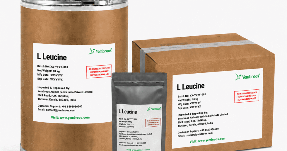 L-Leucine powder manufacturer, exporter, importer and supplier in India by Yembroos Animal Feeds India Private Limited for feed, food, technical, pharmaceutical and nutraceutical applications