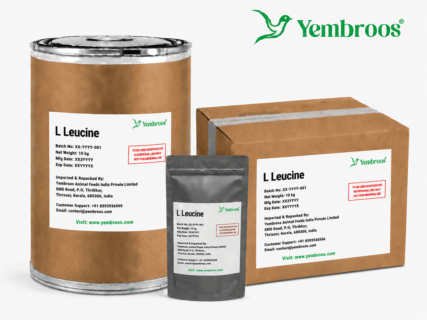 L-Leucine powder manufacturer, exporter, importer and supplier in India by Yembroos Animal Feeds India Private Limited for feed, food, technical, pharmaceutical and nutraceutical applications