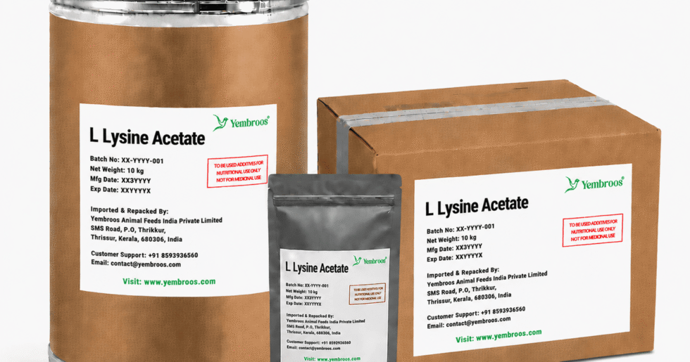 L-Lysine Acetate powder manufacturer, exporter, importer and supplier in India by Yembroos Animal Feeds India Private Limited for feed, food, technical, pharmaceutical and nutraceutical applications
