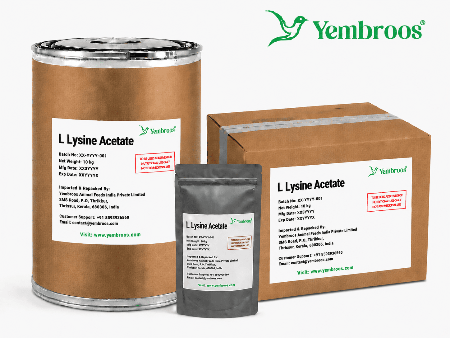 L-Lysine Acetate powder manufacturer, exporter, importer and supplier in India by Yembroos Animal Feeds India Private Limited for feed, food, technical, pharmaceutical and nutraceutical applications