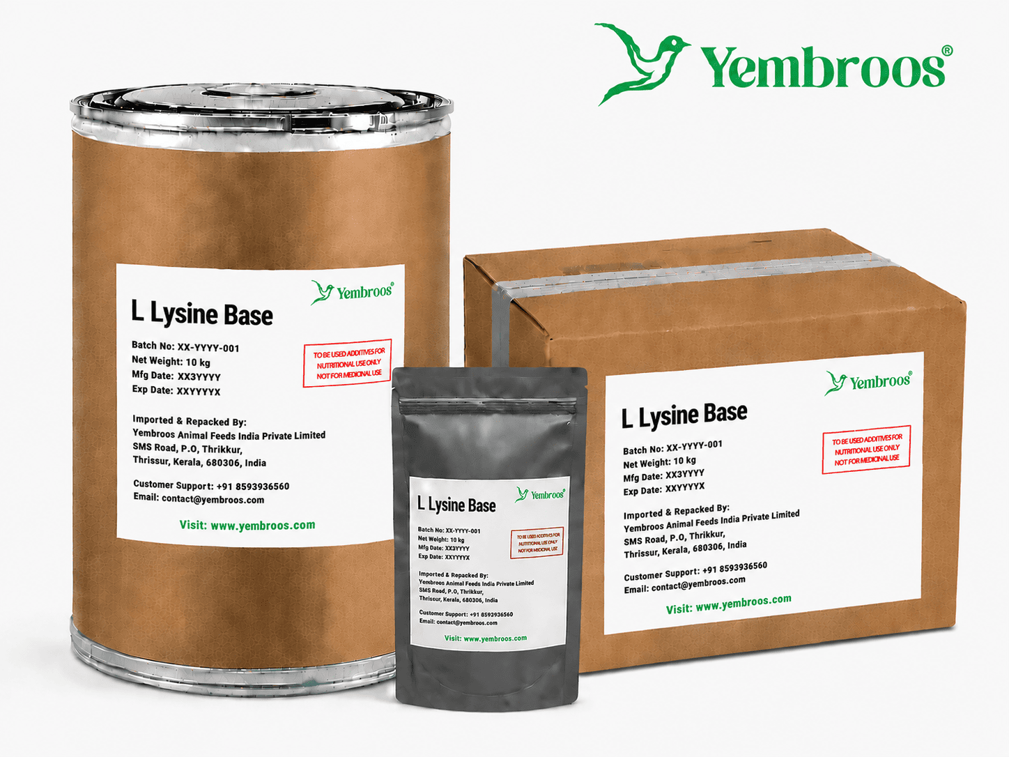 L-Lysine Base powder manufacturer, exporter, importer and supplier in India by Yembroos Animal Feeds India Private Limited for feed, food, technical, pharmaceutical and nutraceutical applications