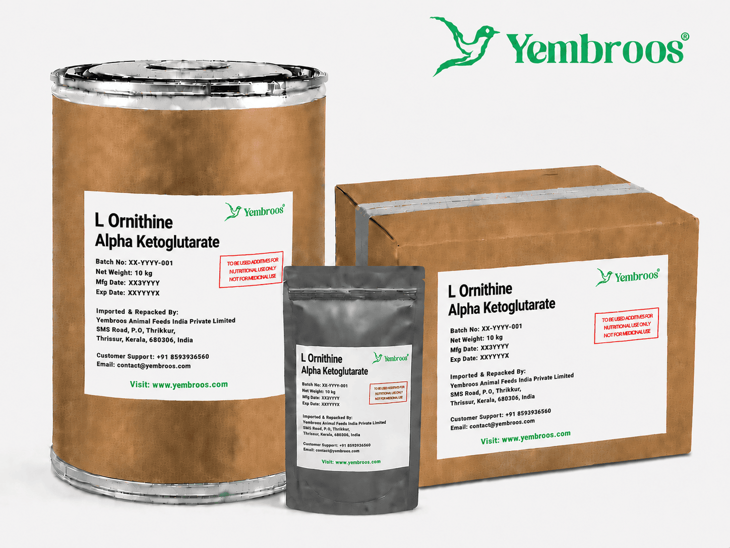 L-Ornithine Alpha Ketoglutarate powder manufacturer, exporter, importer and supplier in India by Yembroos Animal Feeds India Private Limited for feed, food, technical, pharmaceutical and nutraceutical applications