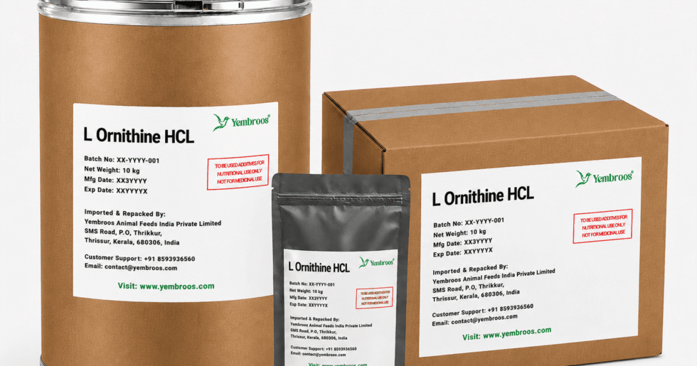 L-Ornithine HCl powder manufacturer, exporter, importer and supplier in India by Yembroos Animal Feeds India Private Limited for feed, food, technical, pharmaceutical and nutraceutical applications
