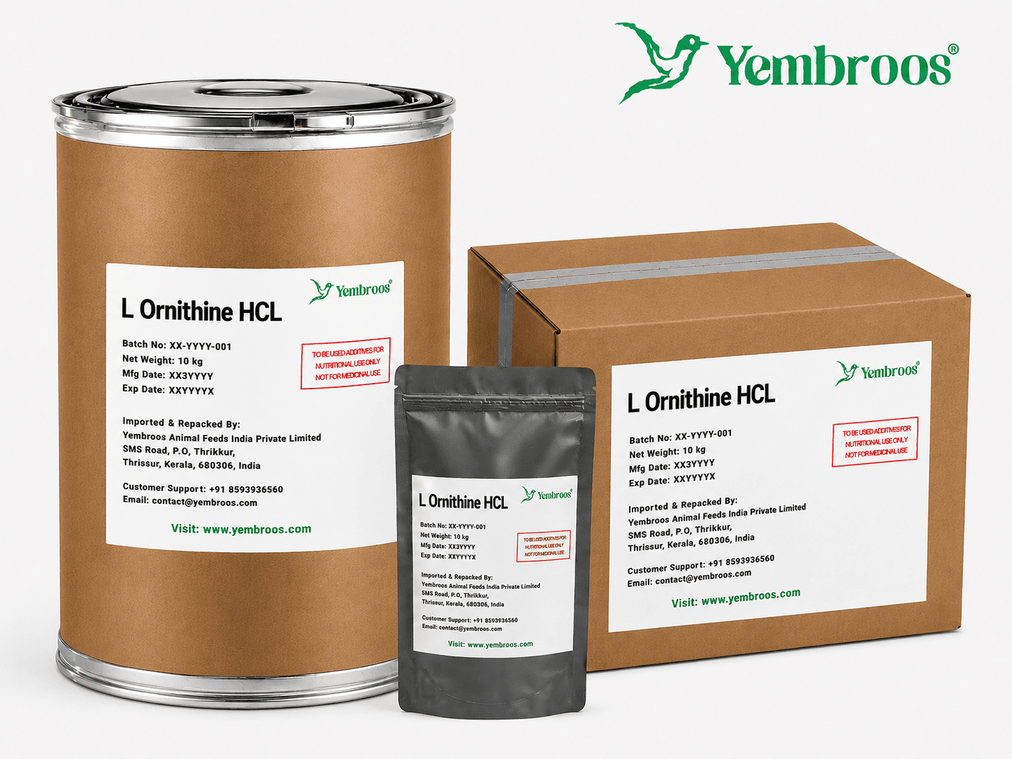 L-Ornithine HCl powder manufacturer, exporter, importer and supplier in India by Yembroos Animal Feeds India Private Limited for feed, food, technical, pharmaceutical and nutraceutical applications