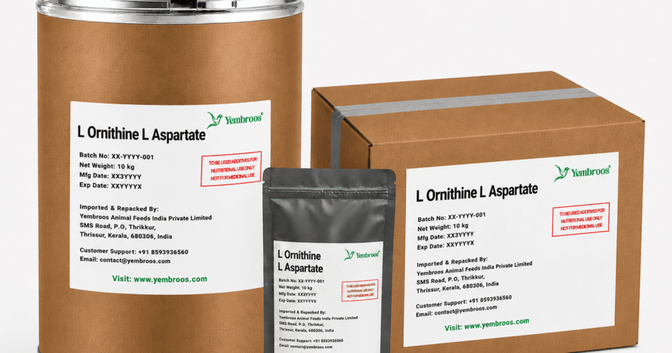 L-Ornithine L-Aspartate powder manufacturer, exporter, importer and supplier in India by Yembroos Animal Feeds India Private Limited for feed, food, technical, pharmaceutical and nutraceutical applications
