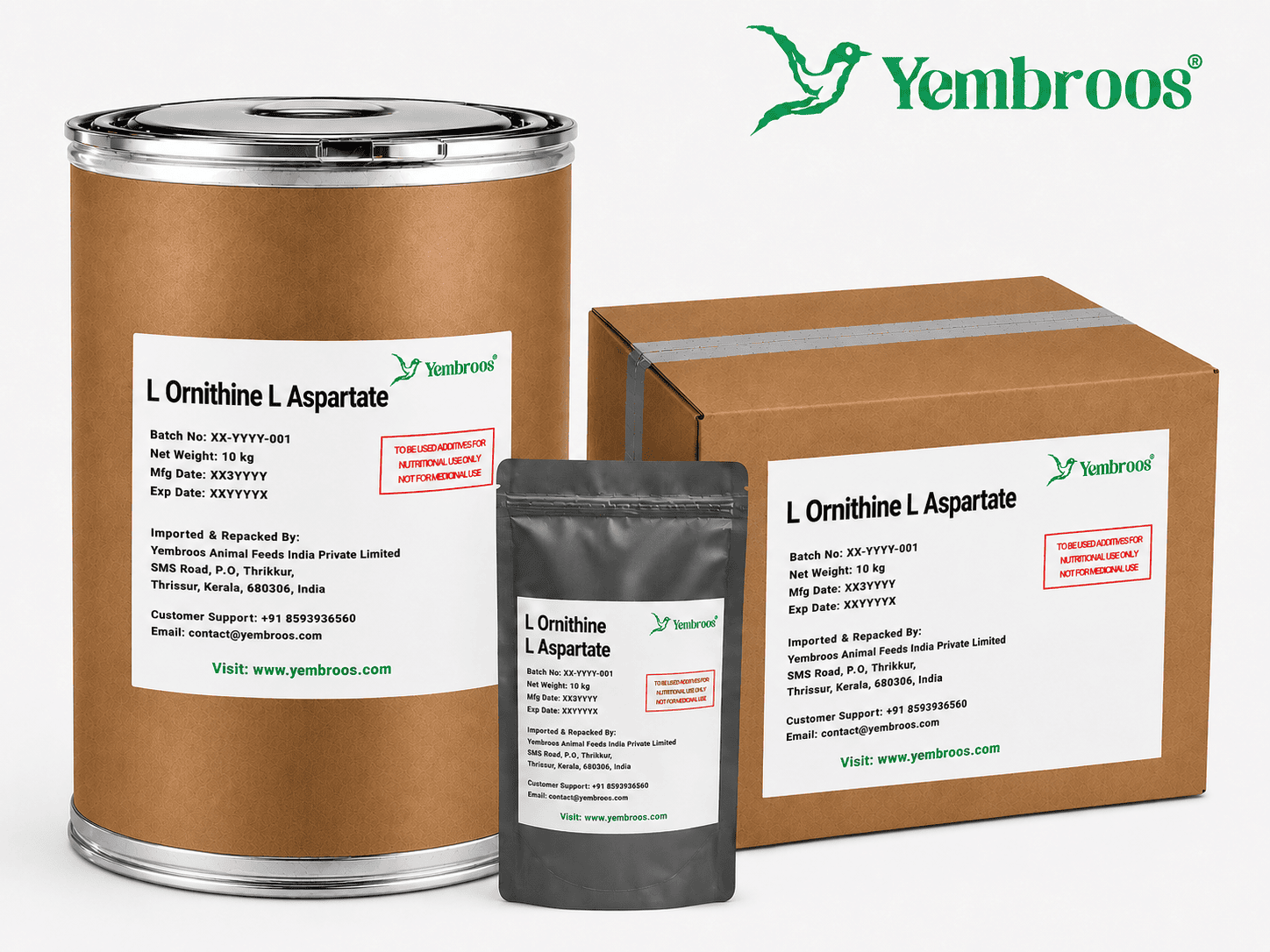L-Ornithine L-Aspartate powder manufacturer, exporter, importer and supplier in India by Yembroos Animal Feeds India Private Limited for feed, food, technical, pharmaceutical and nutraceutical applications