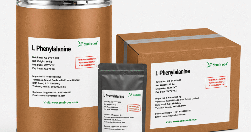 L-Phenylalanine powder manufacturer, exporter, importer and supplier in India by Yembroos Animal Feeds India Private Limited for feed, food, technical, pharmaceutical and nutraceutical applications
