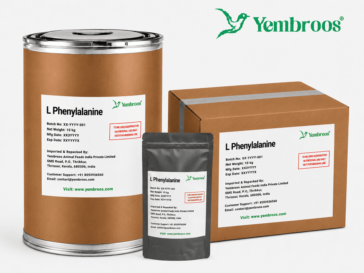 L-Phenylalanine powder manufacturer, exporter, importer and supplier in India by Yembroos Animal Feeds India Private Limited for feed, food, technical, pharmaceutical and nutraceutical applications