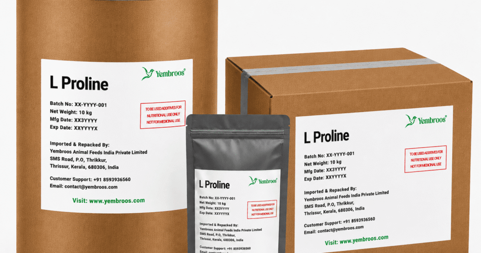 L-Proline powder manufacturer, exporter, importer and supplier in India by Yembroos Animal Feeds India Private Limited for feed, food, technical, pharmaceutical and nutraceutical applications